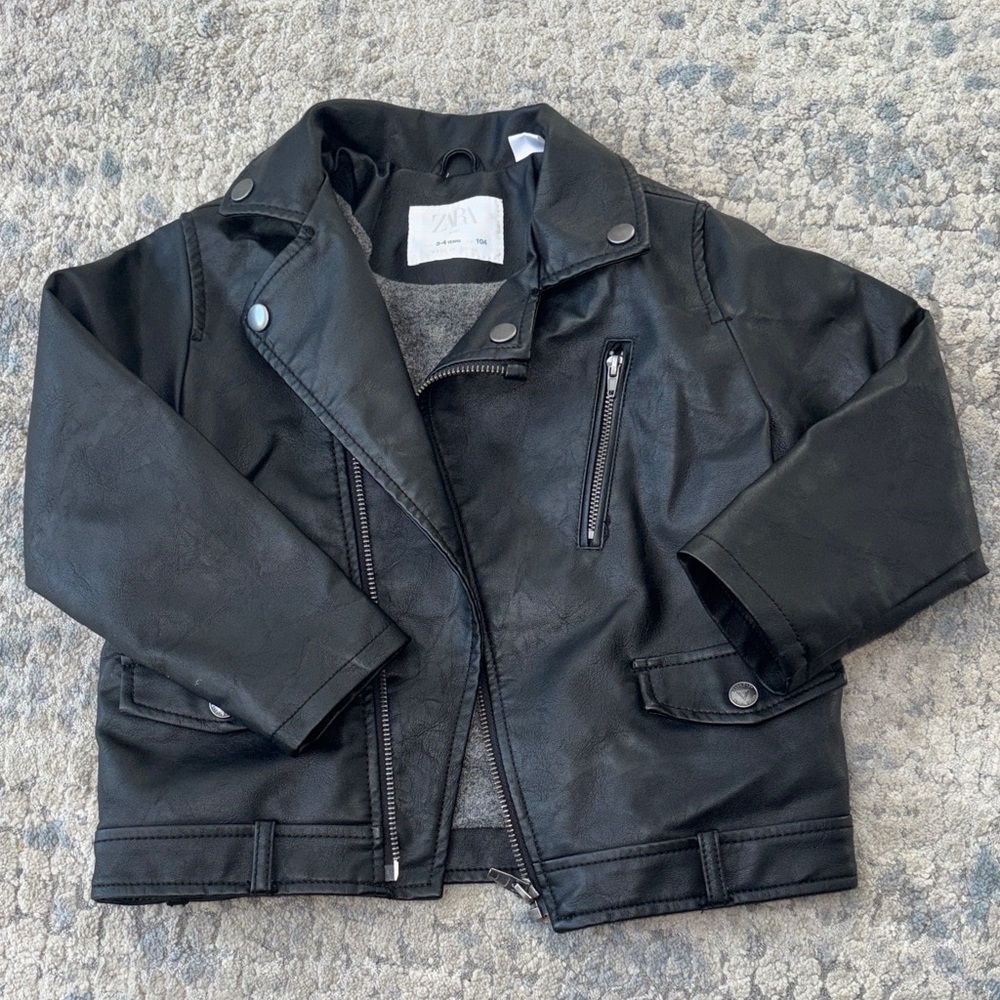 Zara Kids Black Faux Leather Motorcycle Jacket